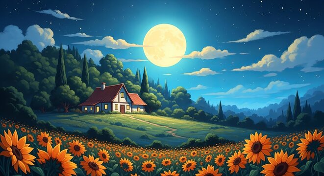 Charming countryside house under a full moon with sunflower field and forest backdrop