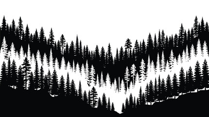 Seamless horizontal border of pine forest silhouette, coniferous trees landscape, black and white vector illustration © Hikari Vector Studio
