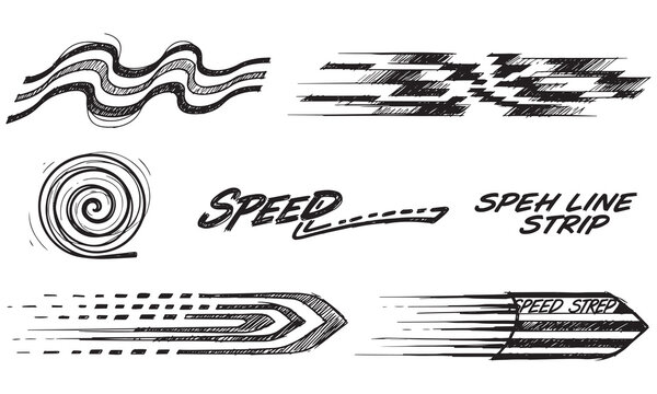 Set of speed lines, various sketchy doodle race elements, abstract striped shapes, wavy patterns, spiral, car racing stickers, creative vector illustration.