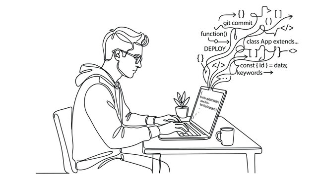 Continuous line drawing of a young software developer coding on a laptop with programming symbols and code snippets rising from the screen