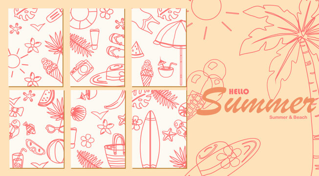 doodle summer elements pattern poster card, sun, palm tree, beach umbrella, tropical flowers  summer time poster, card