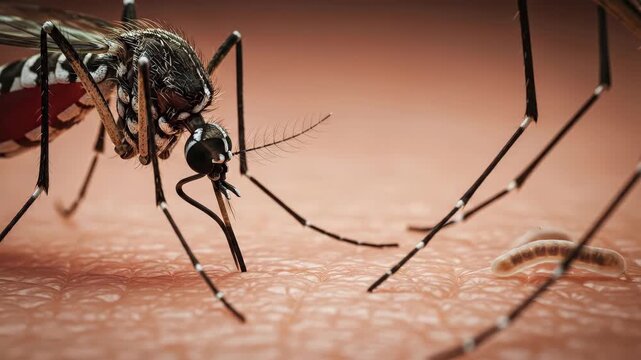 Close up of a mosquito feeding on skin surface macro shot