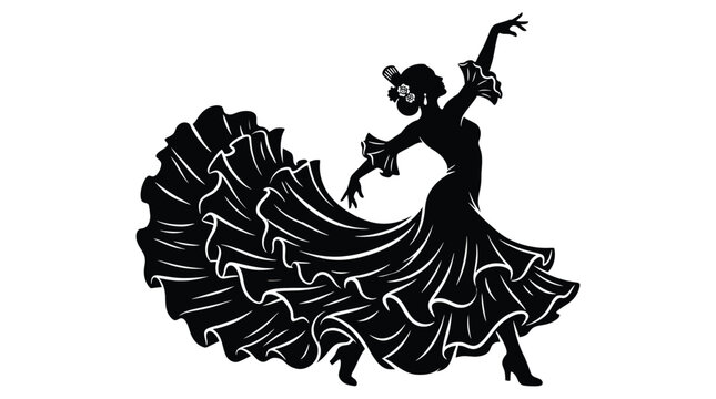 Flamenco dancer silhouette, woman in traditional spanish dress dancing, vector illustration