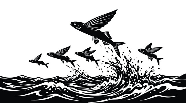 Flying fish jumping out of the ocean waves, vector illustration