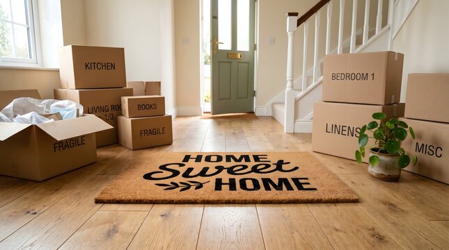 Cardboard moving boxes and home sweet home doormat in hallway