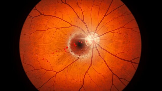 Close-up view of human retina with blood vessels and optic nerve head in medical eye examination