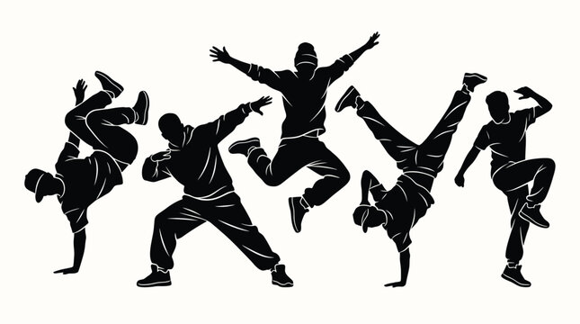 Set of break dancers silhouettes, hip hop street dancers, vector illustration