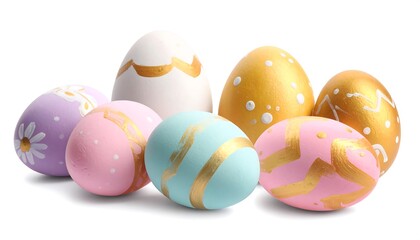 Fototapeta premium Assortment of painted eggs in pastel colors, featuring gold accents, arranged against a white backdrop
