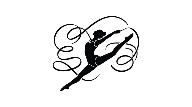 Silhouette of a rhythmic gymnast performing with a ribbon vector illustration of a graceful athlete in a split leap