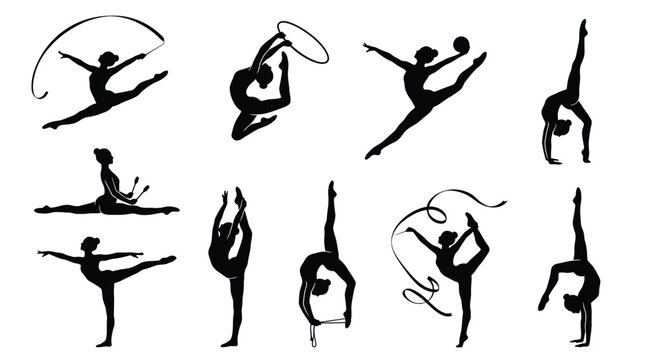 Set of rhythmic gymnastics silhouettes, female gymnasts with ribbon, hoop, ball and clubs, artistic sport collection