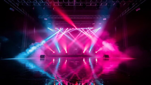 Colorful stage lighting with pink and blue spotlights and smoke effects in empty concert venue