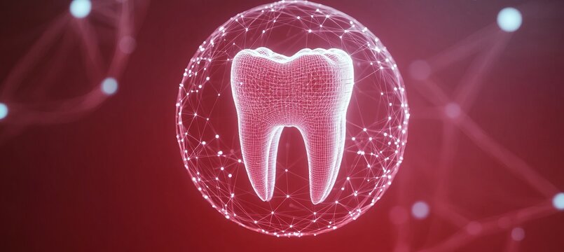 A Radiant Tooth Shining in a Colorful Network Against a Striking Red Universe Backdrop