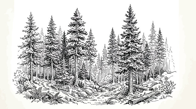 Hand drawn forest landscape with pine trees, fallen logs, and ferns detailed black and white ink illustration of a woodland scene, nature sketch