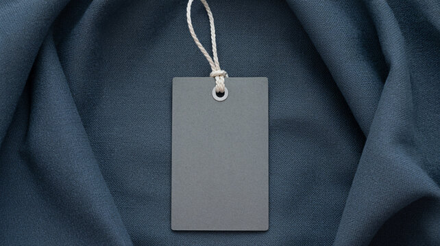 A blank gray tag on a dark blue fabric background