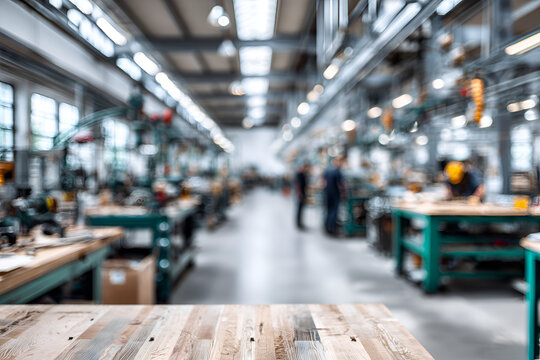 Blurred Industrial Workshop Background with Wooden Table Foreground.