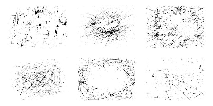 Collection of six black grunge texture set backgrounds with scratches and marks for design and decoration purposes