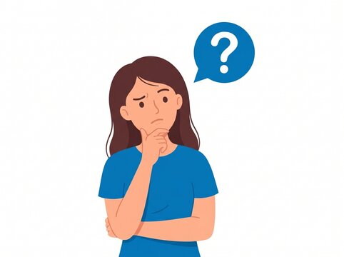 Young woman looking thoughtful with a confused expression and a question mark icon symbolizing uncertainty or problem solving. Vector isolated on white