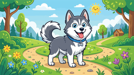 Happy cartoon husky dog standing on a winding path in a sunny, vibrant summer landscape with trees, flowers, and a small wooden cabin in the background © Hikari Vector Studio