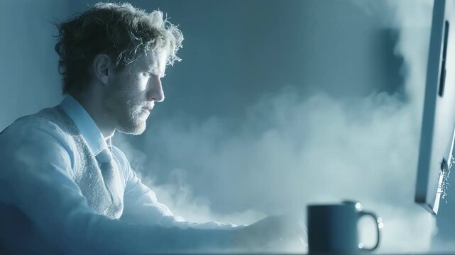 Side view of businessman in suit working on computer in cold foggy office