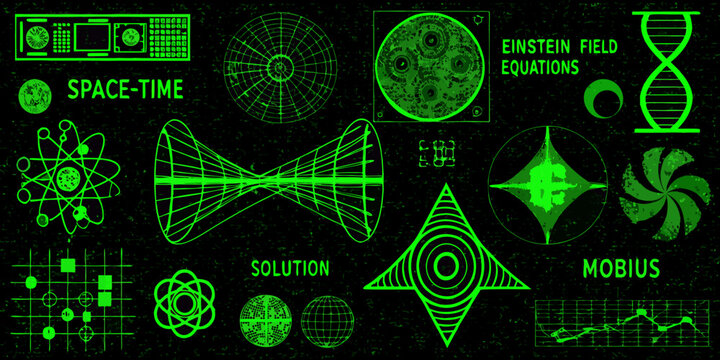 Sci fi illustration depicting concepts of space time and complex equations