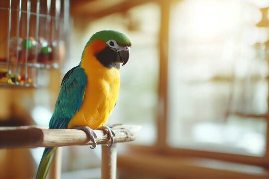 Colorful domestic parrot sitting on a perch in a cozy room. Realistic scene with toys and food under soft indoor light
