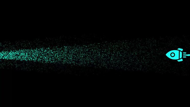 Animated rocket ship with glowing particle trail on black background, spaceship animation motion particle