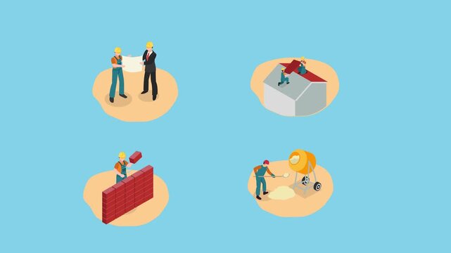 Construction Site Workers Set with Architect Planning Building Roof Repair and Bricklaying 3d animation cartoon