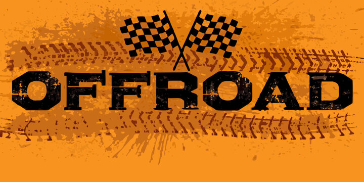 Offroad adventure graphic with checkered flags and tire track textures