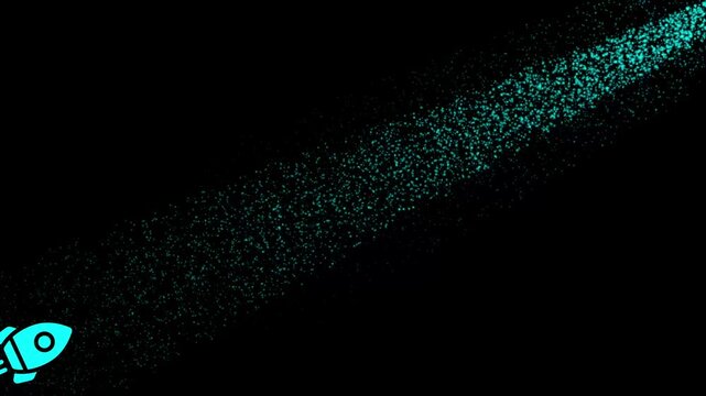 Animated rocket ship launching with glowing teal particle trail on black background, spaceship blastoff