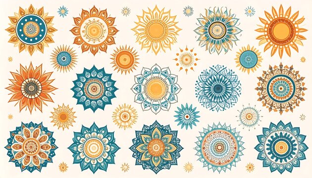 Assortment of ornate sun-like circular patterns with intricate designs, rendered in vibrant teal, orange, and yellow hues
