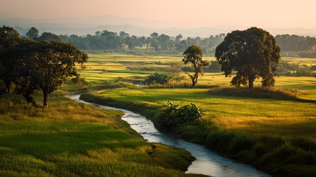 Rice Fields During Bihu Season at Golden Hour in Serene Landscape