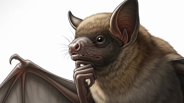 Thoughtful art of brown bat with wings folded, looking pensive with hand on chin