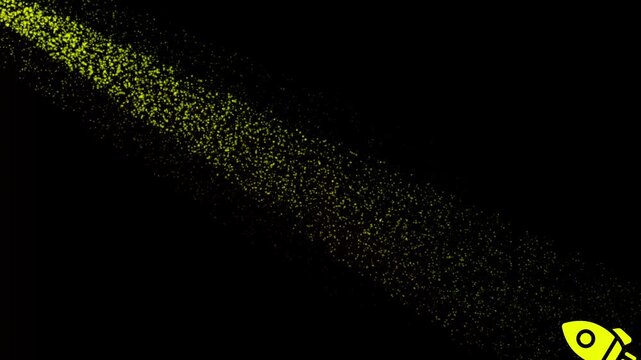Minimalist yellow rocket animation with particle trail on black background, spaceship launch startup business