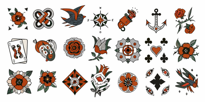 Collection of traditional american tattoo flash designs on a white background