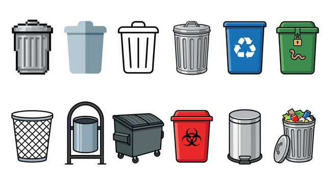 Collection of various trash cans, waste bins, and recycling containers for waste management and disposal concepts.