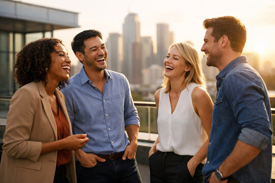 Group of young professionals laughing together on rooftop with city skyline, showing teamwork, friendship, positive work culture, collaboration and social connection in a modern urban setting.