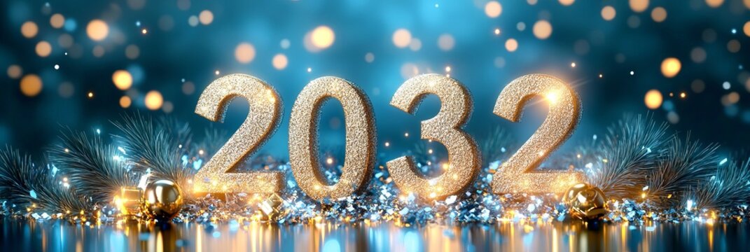 Festive Golden 2032 New Year Sparkle Celebration with Glimmering Lights and Shiny Decorations