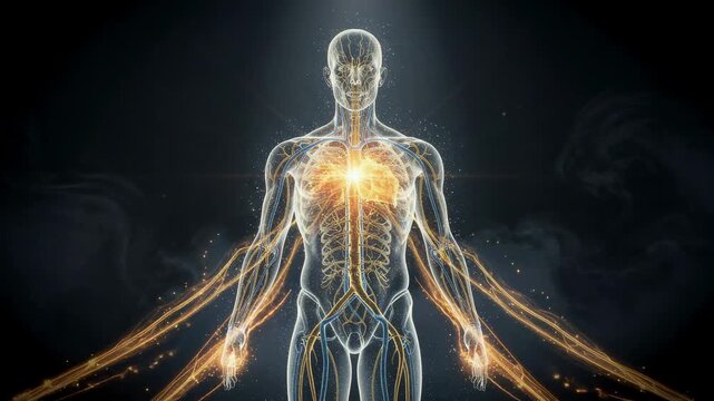 Glowing human body with detailed nervous system and heart anatomy medical illustration