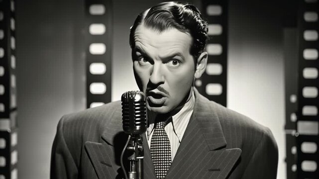Vintage black and white photo of news anchor concept. Vintage black and white portrait of a serious man speaking into a classic microphone with film reel background