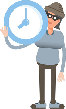 Woman Thief Character Holding Clock
