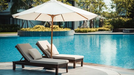 Fototapeta premium A resort swimming pool with two lounge chairs and a white umbrella that promotes peaceful relaxation and summertime fun