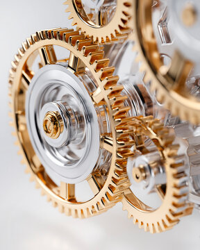 Macro photography of complex mechanical gears made of gold and silver, watch mechanism, technical conceptual art.