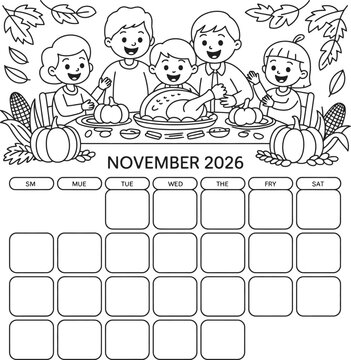 November 2026 thanksgiving family dinner coloring page calendar