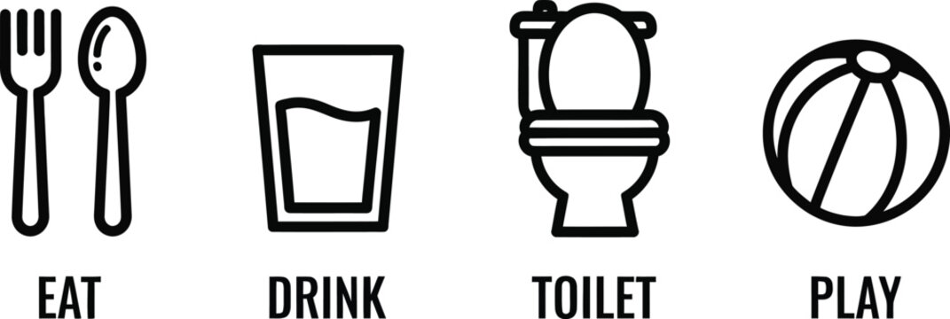 Basic Needs Icons: Eat, Drink, Toilet, Play. Simple Line Art Symbols.