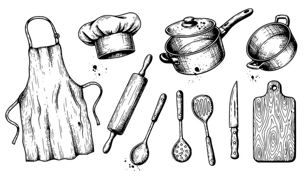 Vintage kitchen badge design with engraved apron chef hood and cooking utensils arranged in circular composition isolated on white