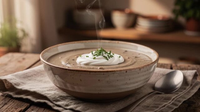 Creamy homemade mushroom soup with sour cream and fresh chives on rustic wooden table