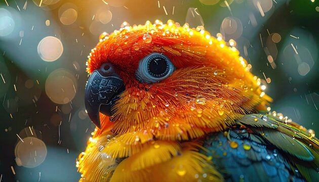 Vibrant Sun Conure Parrot Portrait in the Rain with Bokeh.