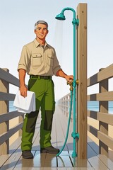 Fototapeta premium Boardwalk maintenance aide cleaning a seaside shower on the wooden pier