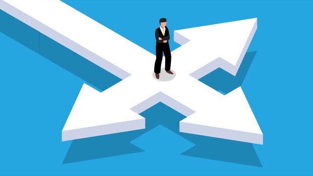 Businessman at a Crossroads Choosing Future Career Direction and Strategic Path 3d animation cartoon