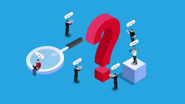 Business Analysis and Problem Solving Concept with People Examining Giant Question Mark 3d animation cartoon